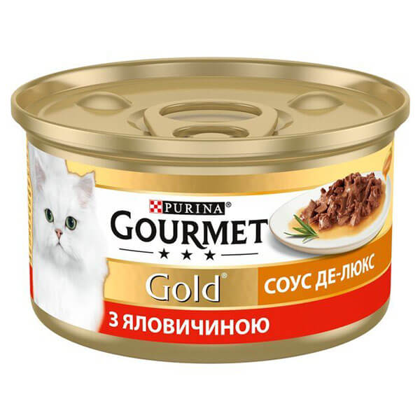 Консерва Gourmet Gold СОУС ДЕ-ЛЮКС с говядиной — 85г. Жидкий Корм (Консерва) Гурмет Голд Соус Де-Люкс для Ввзрослых Кошек с Говядиной – 85г.