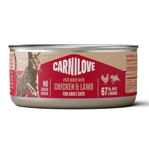 Влажный корм-паштет Carnilove с курицей и ягнёнком для взрослых кошек старше 12 месяцев. Полнорационный паштет для ежедневного питания кошек