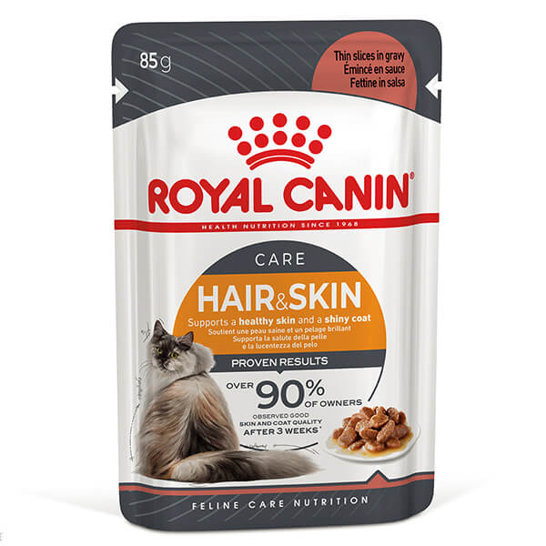 Влажный корм (пауч) Royal Canin Cat HAIR & SKIN CARE (кусочки в соусе) — 85г. Влажный корм для взрослых кошек для поддержки здоровья кожи и блеска шерсти, тонкие ломтики в соусе, пауч 85 г.