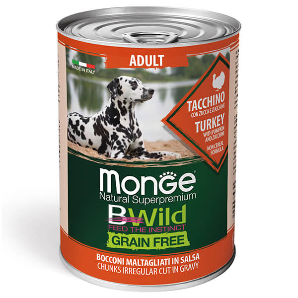 Консерва Monge Bwild Dog Adult с индейкой, тыквой и цуккини - 400 г. Консерва Monge Dog Bwild Adult индейка, тыква и цукини, влажный беззерновой корм для взрослых собак всех пород - 400 г