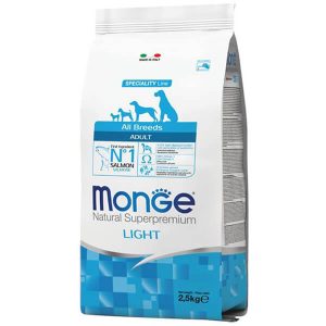 Monge Dog All breeds Adult Light лосось с рисом — это полнорационный сухой корм для взрослых собак всех пород - 2,5 кг.