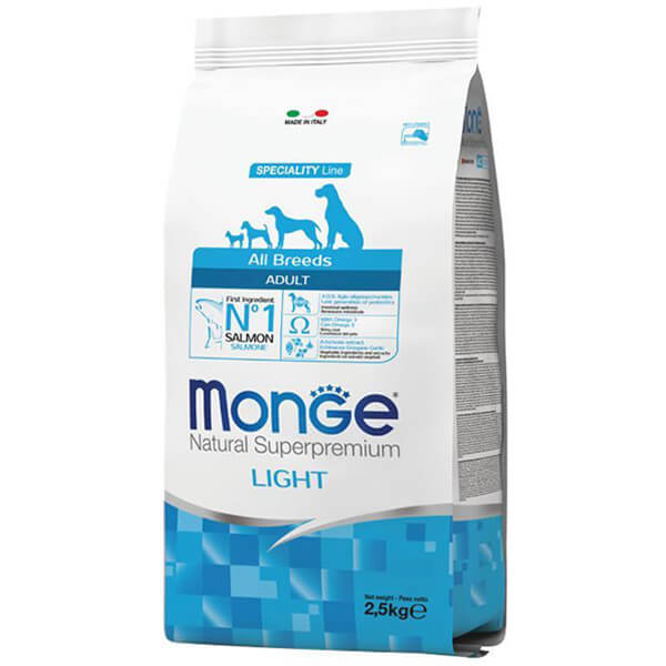 Сухой корм Monge Dog All breeds Adult Light с лососем и рисом - 2,5 кг. Monge Dog All breeds Adult Light лосось с рисом — это полнорационный сухой корм для взрослых собак всех пород - 2,5 кг.