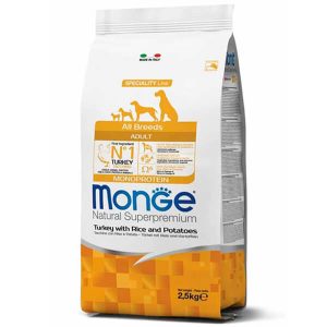 Monge Dog All breeds Adult индейка, рис и картофель — это полнорационный сухой корм для взрослых собак всех пород - 2,5 кг.