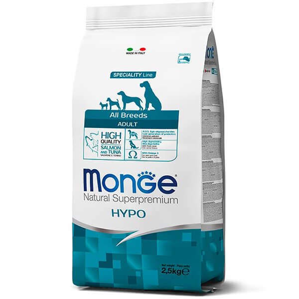 Сухой корм Monge Dog All breeds HYPOallergenic с лососем и тунцом - 2,5 кг. Monge Dog Speciality Line Adult All Breeds Hypoallergenic — это полнорационный сухой гипоаллергенный корм супер-премиум класса для взрослых собак всех пород. Рацион подходит питомцам, склонным к аллергическим реакциям и расстройствам пищеварения - 2,5 кг.