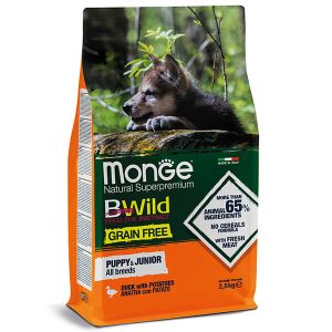 Monge Dog Bwild Grain Free Puppy & Junior утка — это полнорационный беззерновой корм для щенков и юниоров всех пород в период роста, начиная примерно с 1 месяца и до достижения взрослого возраста. Для крупных пород программа кормления может продолжаться до 24 месяцев - 2,5 кг.