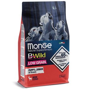 Monge Dog Bwild Low Grain Puppy & Junior оленина — это полнорационный низкозерновой корм для щенков и юниоров всех пород в период роста и до достижения взрослого возраста, а для крупных и гигантских пород до 18–24 месяцев - 2,5 кг.