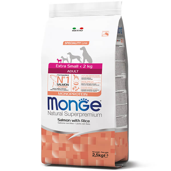 Сухой корм Monge Dog Extrasmall Adult с лососем и рисом - 2,5 кг. Monge Dog Extrasmall Adult лосось с рисом — это полнорационный сухой корм для взрослых собак миниатюрных пород - 2,5 кг.