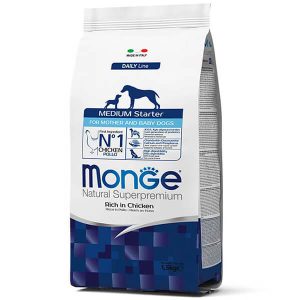 Monge Dog Medium Starter для собак від 10кг до 80кг — это сухой полнорационный корм с курицей для щенков средних пород в период начала прикорма, а также для собак во время беременности и лактации - 1,5 кг.