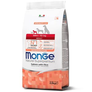 Monge Dog Mini Adult лосось и рис — это полнорационный сухой корм для взрослых собак мелких пород - 2,5 кг.