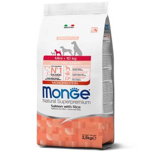Monge Dog Mini Puppy & Junior лосось с рисом — это полнорационный сухой корм супер-премиум класса для щенков и юниоров малых пород, которые во взрослом возрасте достигают веса до 10 кг. - 2,5 кг.