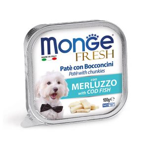 Полнорационный влажный корм Monge Dog Fresh с треской для взрослых собак всех пород в виде нежного паштета с добавлением мяса трески - 100 г.