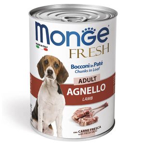 Полнорационный влажный корм Monge Dog Fresh с ягнёнком для взрослых собак всех пород в виде нежного мясного паштета с кусочками свежего мяса ягнёнка - 400 г.