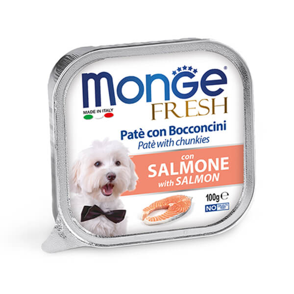 Влажный корм Monge FRESH Dog Adult паштет с лососем — 100 г. Полнорационный влажный корм Monge Dog Fresh с лососем для взрослых собак всех пород в виде нежного паштета с добавлением мяса лосося - 100 г.