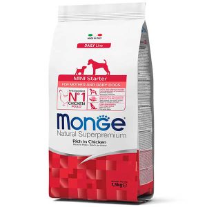 Monge Dog Mini Starter для собак малых пород до 10 кг — это сухой полнорационный корм с курицей для щенков мелких пород в период начала прикорма, а также для собак во время беременности и лактации - 1,5 кг.