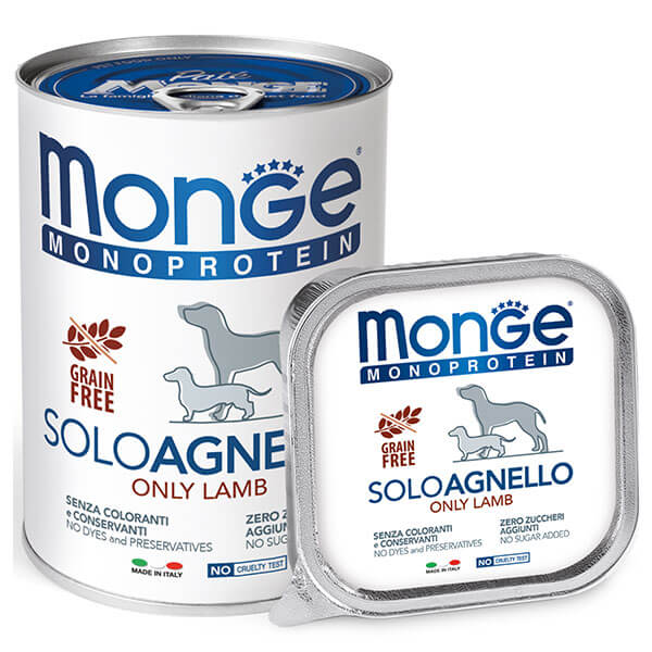 Влажный корм Monge Monoprotein Dog Solo Lamb Monge Dog Solo 100% Ягнёнок — влажный корм для собак суперпремиум класса с монопротеиновой формулой на основе одного источника животного белка — мяса ягнёнка
