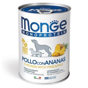 Влажный корм Monge Dog Fruit Monoprotein Курица с ананасом 400 г. — полнорационный влажный корм для собак суперпремиум класса, созданный на основе одного источника животного белка — свежего мяса курицы