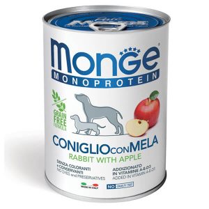Влажный корм Monge Dog Fruit Monoprotein Кролик с яблоками 400 г. — полнорационный влажный корм для собак суперпремиум класса, созданный на основе одного источника животного белка — свежего мяса кролика