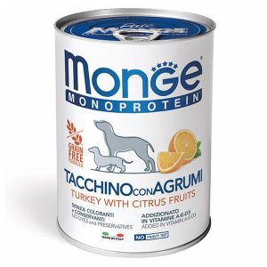 Влажный корм Monge Dog Fruit Monoprotein Индейка с цитрусами 400 г. — полнорационный влажный корм для собак суперпремиум класса, созданный на основе одного источника животного белка — мяса индейки
