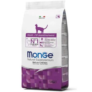Monge Cat Adult Rich in Chicken — это сухой полнорационный корм с курицей для взрослых кошек в возрасте от 1 до 7 лет - 1,5 кг.