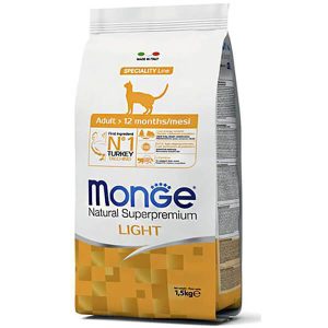 Monge Cat Adult Light Turkey — это сухой полнорационный корм с индейкой для взрослых кошек, склонных к набору лишнего веса - 1,5 кг.