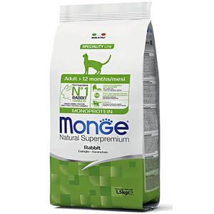 Monge Cat Adult Rabbit — это сухой полнорационный корм с кроликом для взрослых кошек. Рацион подходит для ежедневного питания питомцев с нормальной физической активностью - 1,5 кг.