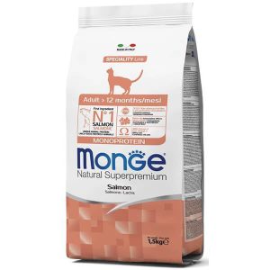 Monge Cat Adult с лососем — это сухой полнорационный корм для взрослых кошек в возрасте от 1 до 7 лет - 1,5 кг.