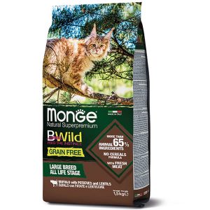 Monge Cat Bwild Grain Free buffalo meat — это сухой полнорационный беззерновой корм с мясом буйвола для крупных пород кошек и котят с 2 месяцев - 1,5 кг.