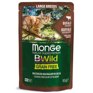 Monge Cat Bwild Grain Free Wet Large Breeds bufalo & vegetables — это влажный корм для кошек крупных пород и котят с 2 месяцев. Рацион создан на основе мяса буйвола, мяса курицы, свиной печени, овощей и лососевого масла