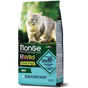 Monge Cat Bwild Grain Free cod — это сухой полнорационный беззерновой корм с треской для взрослых кошек. Рацион разработан для ежедневного питания когда важно получать сбалансированный корм с рыбой, альтернативными источниками углеводов, поддержкой пищеварения, кожи и шерсти - 1,5 кг.