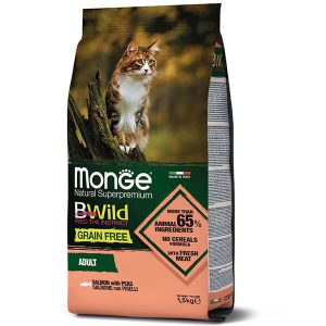 Monge Cat BWild Grain Free Salmon & Peas — это полнорационный беззерновой сухой корм с лососем и горохом для взрослых кошек - 1,5 кг.