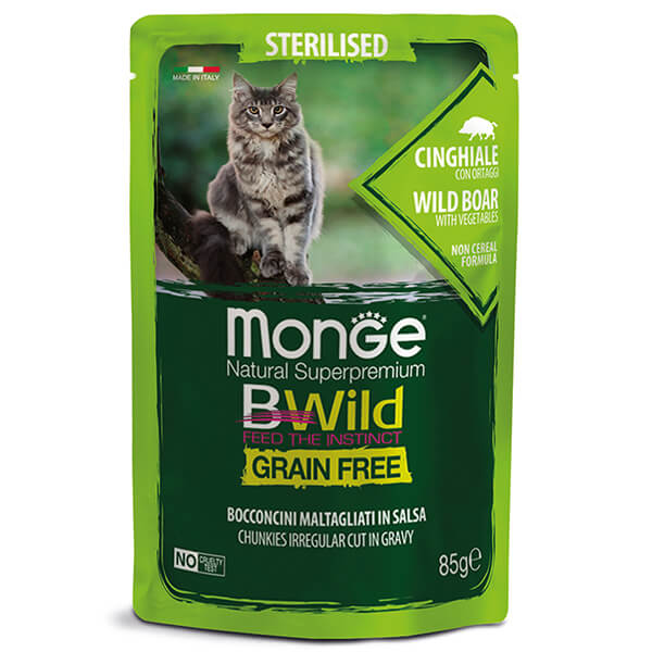 Monge Cat BWild GRAIN FREE Sterilised кабан с овощами (кусочки в соусе) - 85 г. Monge Cat Bwild Grain Free Wet Sterilised boar & vegetables — это влажный корм для стерилизованных кошек и кастрированных котов