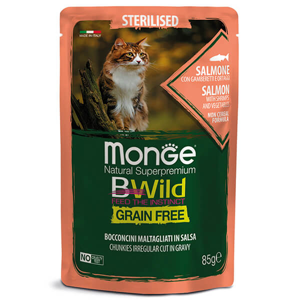 Monge Cat BWild GRAIN FREE Sterilised лосось с креветками и овощами (кусочки в соусе) - 85 г. Monge Cat Bwild Grain Free Wet Sterilised Salmon, Shrimps & Vegetables — это полноценный влажный корм для стерилизованных кошек