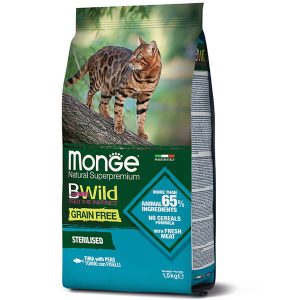Monge Cat BWild Grain Free Sterilised Tuna — это полнорационный беззерновой сухой корм с тунцом для взрослых стерилизованных кошек и кастрированных котов - 1,5 кг.