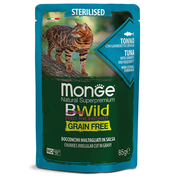 Monge Cat BWild GRAIN FREE Sterilised тунец с креветками и овощами (кусочки в соусе) - 85 г. Monge Cat Bwild Grain Free Wet Sterilised tuna, shrimps & vegetables — это влажный корм для стерилизованных кошек и кастрированных котов