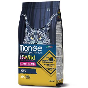 Monge Cat Bwild Low Grain Hare Meat — это сухой полнорационный низкозерновой корм с мясом зайца для взрослых кошек всех пород - 1,5 кг.