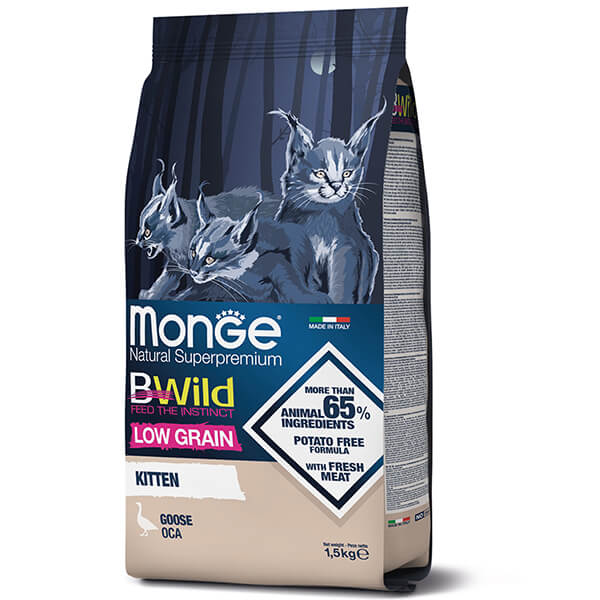 Сухой корм Monge Cat BWild LOW GRAIN Kitten с мясом гуся - 1,5 кг. Monge Cat Bwild Low Grain Kitten Goose — это сухой полнорационный низкозерновой корм с мясом гуся для котят от 1 до 12 месяцев. Рацион разработан с ограниченным количеством злаков и не содержит картофеля - 1,5 кг.