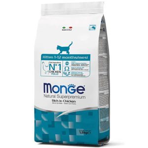 Monge Cat Kitten Chicken — это сухой полнорационный корм с курицей для котят от 1 до 12 месяцев. Рацион разработан для периода активного роста и обеспечивает организм котёнка необходимыми питательными веществами - 1,5 кг.