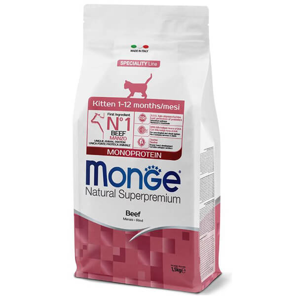 Сухой корм Monge Cat Kitten Monoprotein с говядиной - 1,5 кг. Monge Cat Kitten Monoprotein Beef — это сухой полнорационный монопротеиновый корм с говядиной для котят, рацион разработан для ежедневного питания котят и содержит источник животного белка "говядину" - 1,5 кг.