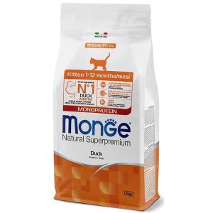 Monge Cat Kitten Monoprotein Duck — это сухой полнорационный монопротеиновый корм с уткой для котят, рацион разработан для ежедневного питания котят и содержит один источник животного белка "мясо утки" - 1,5 кг.