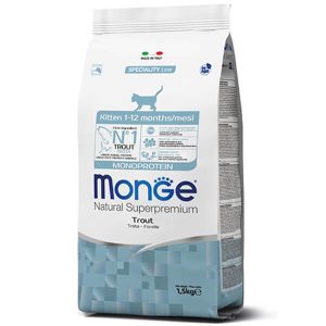 Monge Cat Kitten Monoprotein Trout — это сухой полнорационный монопротеиновый корм с форелью для котят. Рацион разработан для ежедневного питания котят и содержит один источник животного белка "форель" - 1,5 кг.