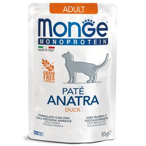 Monge Monoprotein Cat Pate Duck — это полнорационный монопротеиновый влажный корм для взрослых кошек в виде нежного паштета
