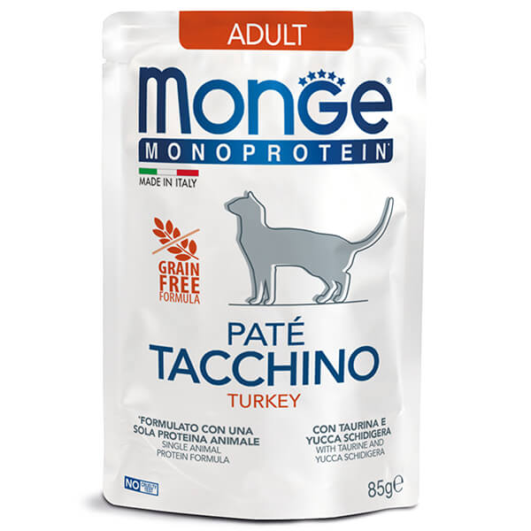 Пауч Monge Cat Monoprotein паштет с индейкой - 85 г. Monge Monoprotein Cat Pate Turkey — это полнорационный влажный корм в виде паштета с индейкой для взрослых кошек