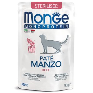 Monge Monoprotein Cat Sterilised Pate Beef — это полнорационный монопротеиновый влажный корм для взрослых стерилизованных кошек