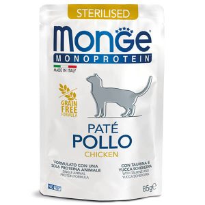 Monge Monoprotein Cat Sterilised Pate Chicken — это полнорационный монопротеиновый влажный корм для взрослых стерилизованных кошек