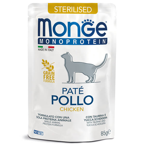 Пауч Monge Cat Monoprotein Sterilised паштет с курицей - 85 г. Monge Monoprotein Cat Sterilised Pate Chicken — это полнорационный монопротеиновый влажный корм для взрослых стерилизованных кошек