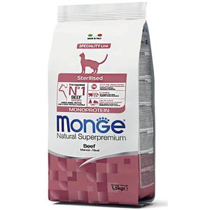 Monge Cat Adult Sterilised Monoprotein с говядиной — это сухой полнорационный корм с говядиной для взрослых кошек после стерилизации или кастрации - 1,5 кг.
