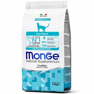 Monge Cat Sterilised Monoprotein CodFish с треской — это сухой полнорационный корм для взрослых стерилизованных и кастрированных кошек в возрасте от 1 до 7 лет - 1,5 кг.