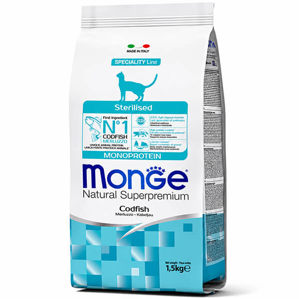 Сухой корм Monge Cat Sterilised Monoprotein CodFish с треской - 1,5 кг. Monge Cat Sterilised Monoprotein CodFish с треской — это сухой полнорационный корм для взрослых стерилизованных и кастрированных кошек в возрасте от 1 до 7 лет - 1,5 кг.
