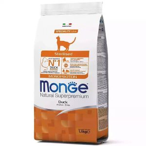 Monge Cat Adult Sterilised Monoprotein Duck — это сухой полнорационный корм с уткой для взрослых кошек после стерилизации или кастрации - 1,5 кг.