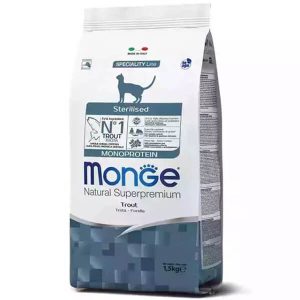 Monge Cat Monoprotein Sterilised с форелью — это сухой полнорационный корм для взрослых стерилизованных и кастрированных кошек - 1,5 кг.